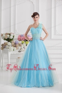 Beautiful A-line One Shoulder Ruching and Beading Aqua Blue Quinceanera Dress