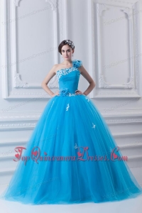 Princess One Shoulder Appliques Sky Blue 2014 Quinceanera Dress