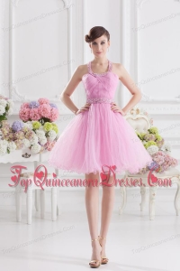 A-line Halter Top Pink Dresses for Dama with Ruching and Beading