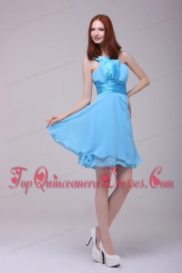 Baby Blue One Shoulder Ruching Dama Dresses with Chiffon