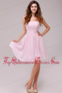 Baby Pink Strapless Knee-length Empire Dama Dresses for Cocktail Party