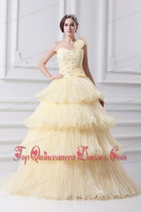 Beautiful A-line One Shoulder Beading and Ruffled Layers Quinceanera Dress in Light Yellow