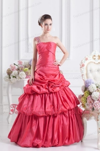 Cheap Coral Red One Shoulder Beading Ball Gown Quinceanera Dress with Pick Ups