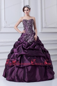 Cheap Eggplant Purple Sweetheart Embroidery and Pick-ups Quinceanera Dress