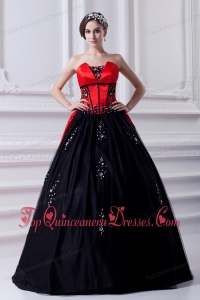 Cheap Strapless Appliques Pick-ups Black and Red Quinceanera Dress with Brush Train