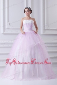 Cute Ball Gown Strapless Beading and Appliques Tulle Baby Pink Quinceanera Dress