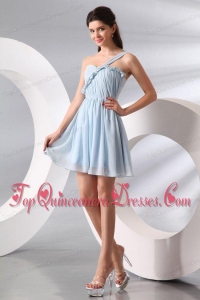 Cute Light Blue One Shoulder Ruching Mini-lengthDama Dress for Quinceanera