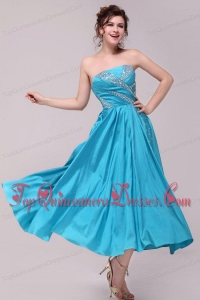 Elegant Aqua Blue A-Line Strapless Taffeta Beading Ankle -length Dresses for Dama