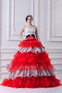 Elegant Princess Strapless Beading Ruflled Layers Red Quinceanera Dress in 2014