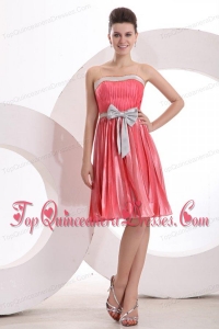 Empire Sashes and Pleats Strapless Watermelon Red Dama Dress for Quinceanera