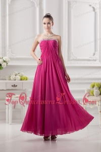 Empire Strapless Ankle-length Beading Chiffon Hot Pink Dresses for Dama