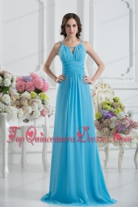 Empire Straps Ruching Baby Blue Floor-length Chiffon Dama Dresses