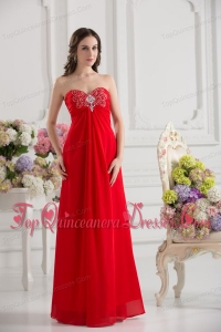 Empire Sweetheart Chiffon Beading Ruching Floor-length Dama Dresses in Red