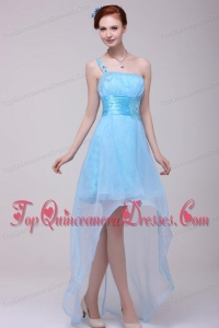 Light Blue One Shoulder High-low Beaded Decorate Dresses for Dama for Girls