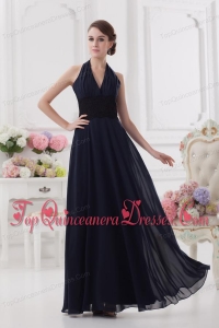 Navy Blue Halter top Long Dresses for Dama with Ruching and Lace