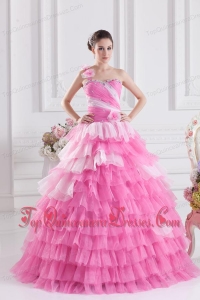 Pretty Rose Pink Princess One Shoulder Beading Quinceanera Dress with Ruffled Layers