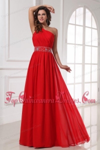 Red One Shoulder Beaded Decorate Waist Floor-length Dresses for Dama