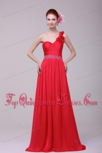 Red One Shoulder Beading and Flowers Brush Train Dama Dress for Quinceanera