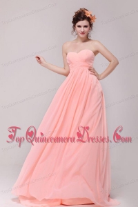 Sweetheart Ruche Chiffon Empire Peach Dresses for Dama with Brush Train