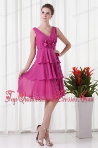 Empire V-neck Knee-length Fuchsia Chiffon Ruching Dama Dresses