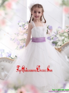 2015 New Arrival White Little Girl Pageant Dresses with Lilac Sash
