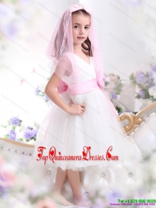 New Arrival White Little Girl Pageant Dress with Baby Pink Waistband and Hand Made Flower
