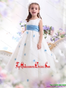 New Arrival White Scoop Little Girl Pageant Dress with Baby Blue Waistband and Appliques