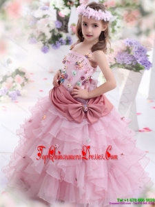 Rose Pink Little Girl New Arrival Pageant Dress with Hand Made Flowers and Ruffled Layers