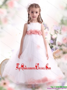 White Little Girl New Arrival Pageant Dresses with Pink Waistband and Hand Made Flower