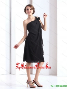 Gorgeous One Shoulder Black Prom Dresses with Hand Made Flower