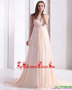 2015 Fashionable Brush Train Long Damas Dresses with Beading and Ruching