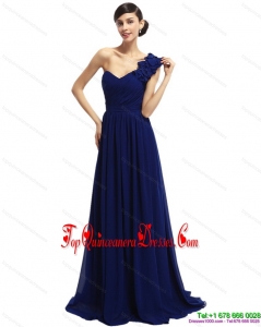 Fashionable One Shoulder Ruffled Navy Blue Damas Dresses with Hand Made Flower