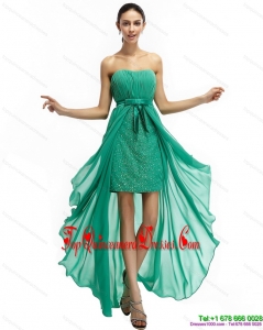 Fashionable Turquoise High Low Beading Damas Dresses with Ruching and Bowknot