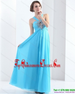 2015 Gorgeous Halter Top Floor Length Prom Dress with Ruching and Beading