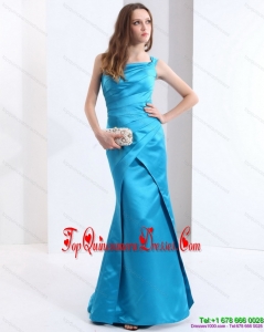 Fashionable One Shoulder Baby Blue Long Damas Dresses with Brush Train