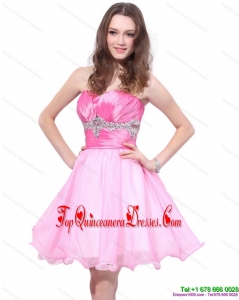 Gorgeous Rose Pink 2015 Mini Length Prom Dresses with Beading and Ruching