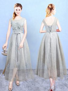 Cute Grey Sleeveless Ankle Length Appliques Lace Up Dama Dress