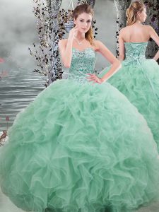 Floor Length Lace Up Ball Gown Prom Dress Apple Green for Military Ball and Sweet 16 and Quinceanera with Beading and Ruffles