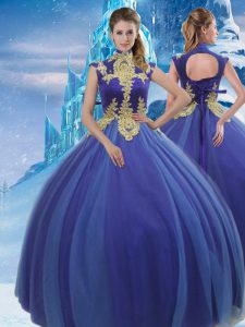 Royal Blue Lace Up 15th Birthday Dress Appliques Sleeveless Floor Length