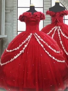 Fantastic Wine Red Ball Gowns Appliques and Pick Ups Sweet 16 Dress Lace Up Tulle Sleeveless