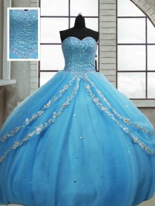 Baby Blue Tulle Lace Up Quince Ball Gowns Sleeveless Floor Length Beading and Appliques and Sequins