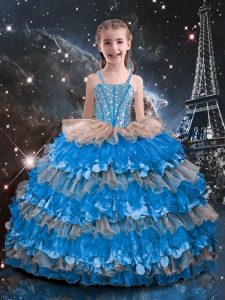 Popular Floor Length Baby Blue Pageant Dress for Girls Straps Sleeveless Lace Up