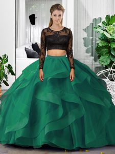 Dark Green Scoop Backless Lace and Ruffles Quinceanera Dresses Long Sleeves
