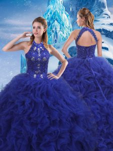 Clearance Blue Scoop Lace Up Beading and Ruffles Ball Gown Prom Dress Brush Train Sleeveless
