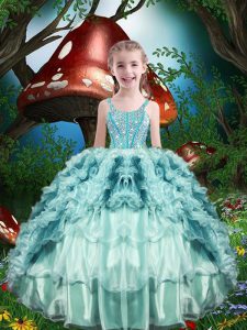 Organza Straps Sleeveless Lace Up Beading and Ruffles and Ruffled Layers Child Pageant Dress in Aqua Blue