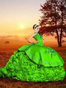 Spectacular Green Sleeveless Organza Brush Train Lace Up Vestidos de Quinceanera for Military Ball and Sweet 16 and Quinceanera