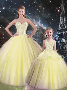 Hot Selling Beading 15 Quinceanera Dress Yellow Lace Up Sleeveless Floor Length