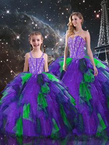 Custom Design Organza Sweetheart Sleeveless Lace Up Beading and Ruffles 15th Birthday Dress in Multi-color