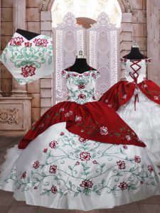 White And Red Lace Up Little Girl Pageant Gowns Embroidery and Ruffled Layers Sleeveless Floor Length