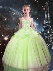 Luxurious Sleeveless Floor Length Beading Lace Up Kids Pageant Dress with Yellow Green